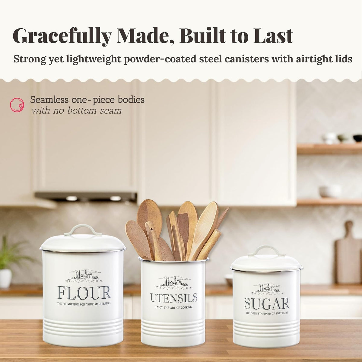 Canisters for Kitchen Counter, Set of 3 - Airtight Sugar and Flour Containers & Kitchen Utensil Holder, Rustic Farmhouse Canister Set for Kitchen Countertop