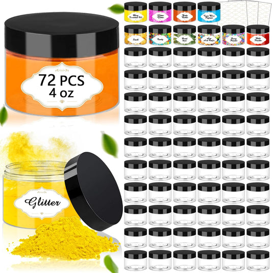 PeacePeo Plastic Jars with Lids 4 OZ, 72 Pack Clear Slime Containers | Empty Refillable, Black Screw on Lids, Organize Small Items, Samples, Lotions &amp; Beauty Products, Keep Home Kitchen Neat
