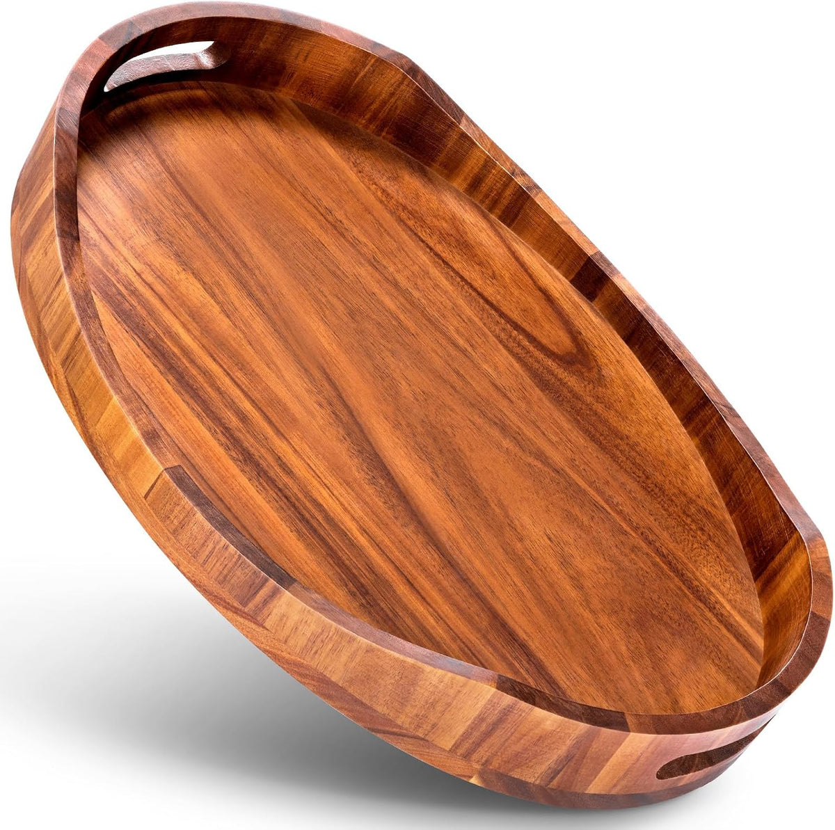 HouseJoy Wood Serving Tray with Handle: Decorative Ottoman Tray w/High Edge | 16.5x13in size-Acacia Wood-12mm Thick-Easy to Grip-Waterproof-Tray for Food in Bed/Coffee Table/Bathroom-Dessert Display