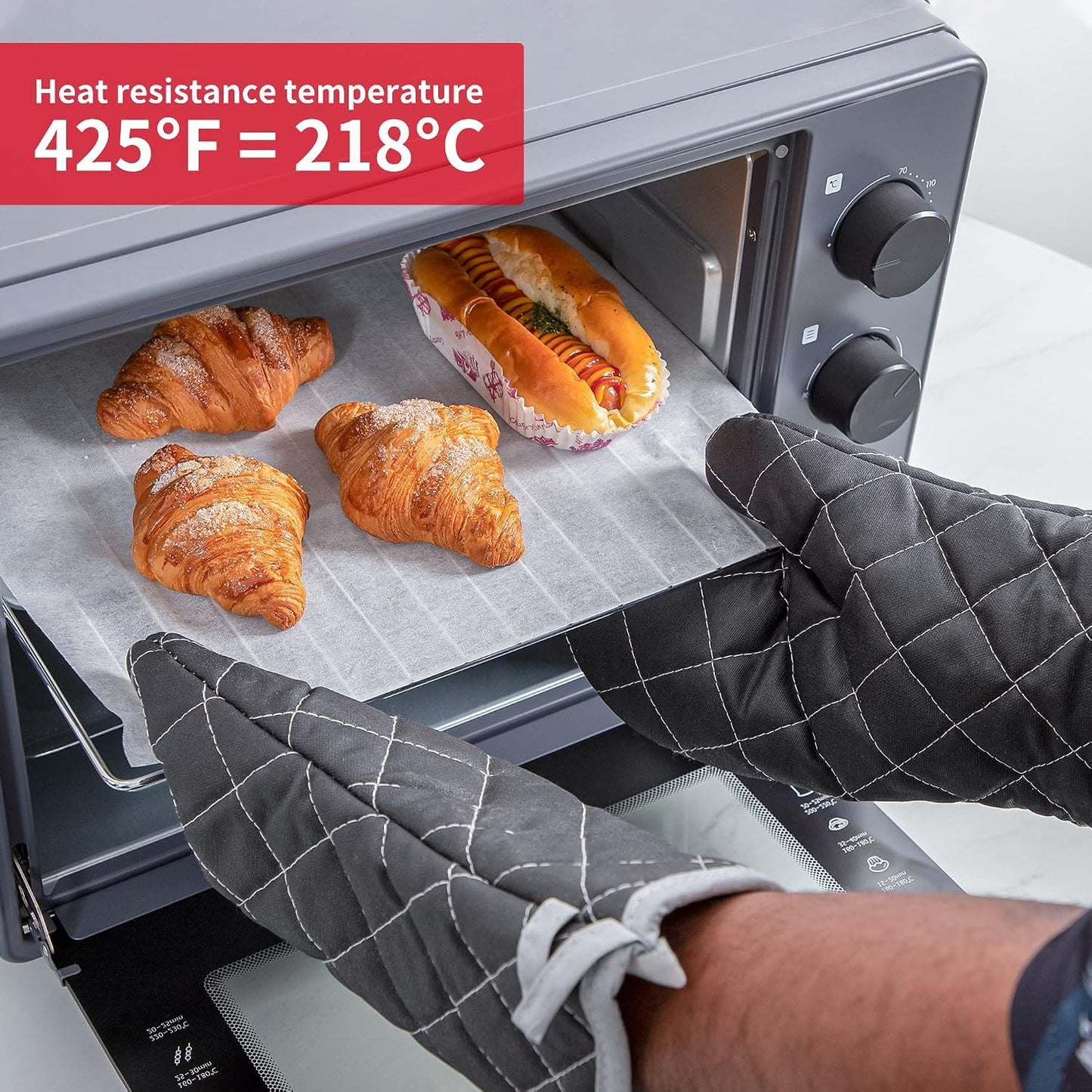 ARCLIBER Black 15" 425°F Terry Oven Mitts Quilted Heat Resistant | Quilted Lining, 1 Pair, Heat Resistant, Classic, Cotton Blend, Cooking, Baking, Grilling, Non-Slip Grip