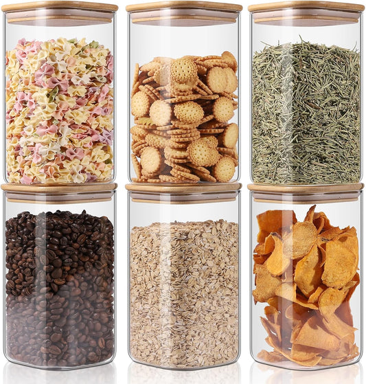 Glass Storage Jars 6 Pack -50oz (10cmx20cm)Clear Glass Food Storage Containers with Airtight Bamboo Lid Stackable Kitchen