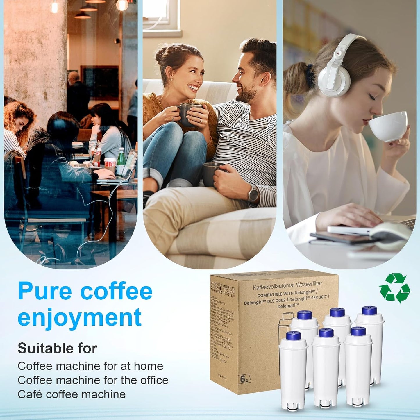 Coffee Machine Filter, Delonghi Filter Replacement for DLSC002, Delonghi Magnifica Evo, Dinamica Plus, ESAM, ETAM, BCO, EC. Activated Carbon Water Filter Cartridges Softener (6 Pcs)