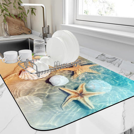 Dish Drying Mat Summer Beach Starfish Seashell Kitchen Mat 12"x19" Bsorbent Coffee Maker Mat for Dishes,Utensils Coffee