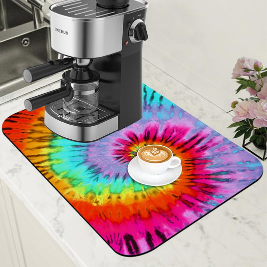 Dish Drying Mat Colorful Tie Dye Coffee Bar Mat for Countertop Absorbent Rubber Backed Hide Stain Dish Drainer Rack Pad