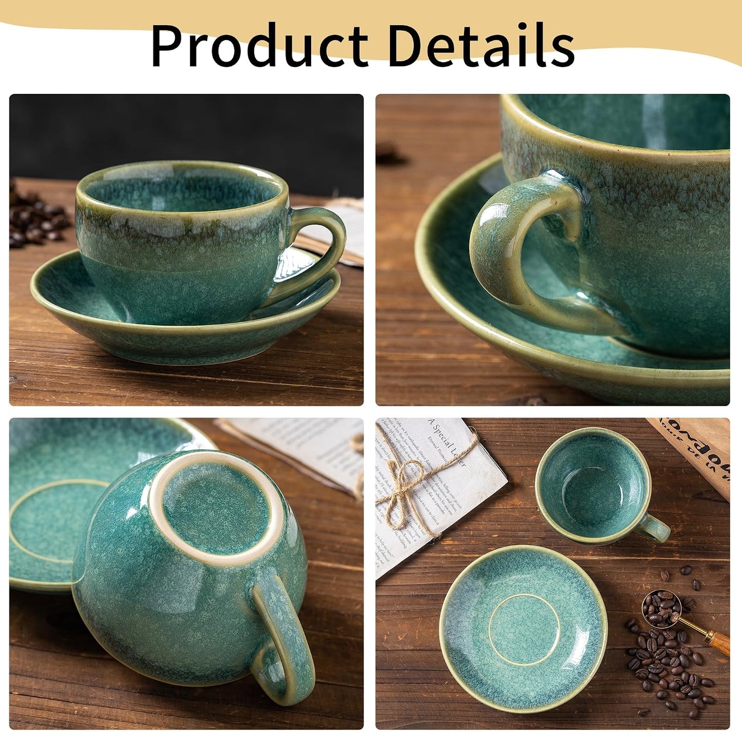 Porcelain Coffee Cup with Saucer Spoon, Vintage Design Ceramic Latte Art Cappuccino Barista Espresso Tea Cup with Saucer (10oz, Crystal Green)