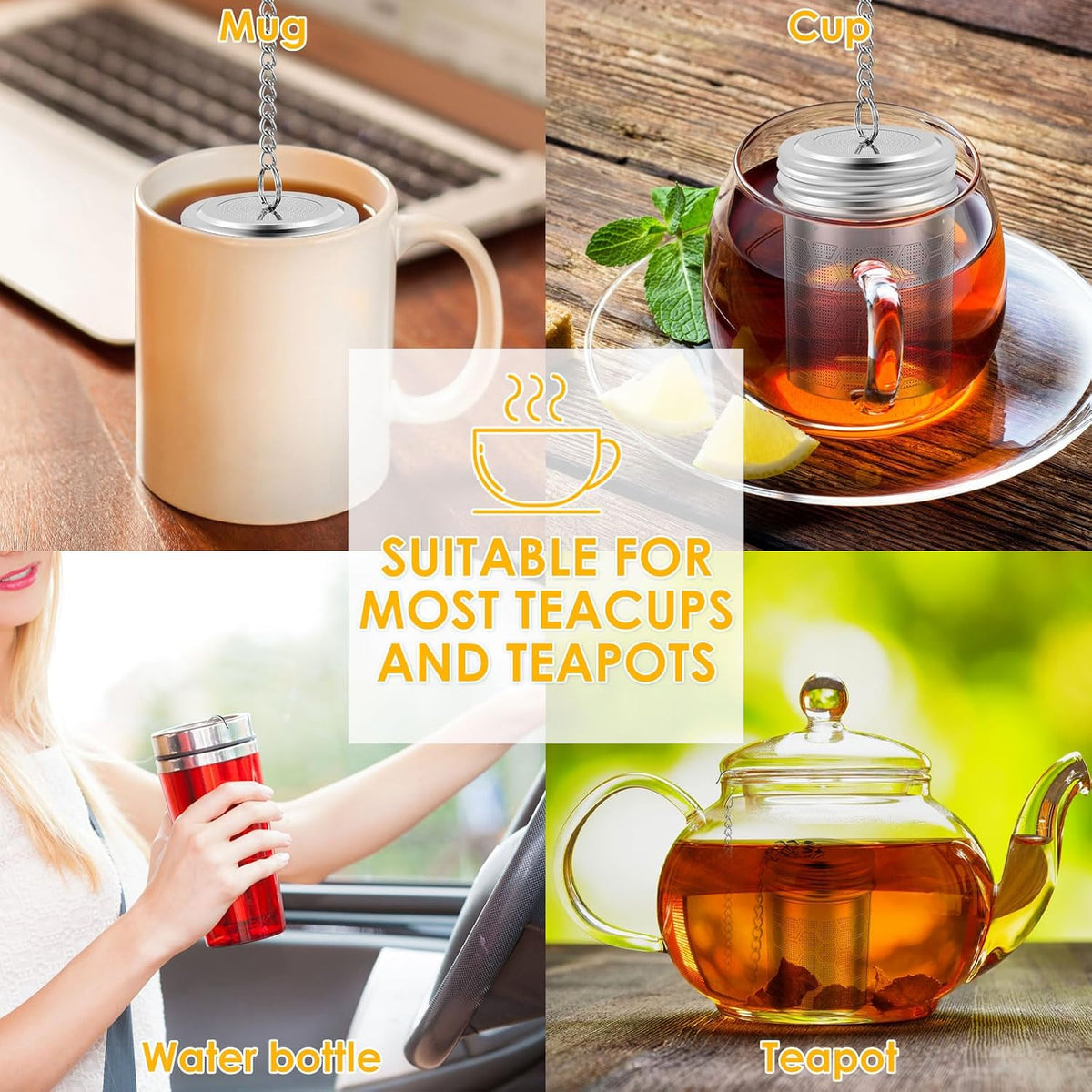 4 Pack Tea Infuser for Loose Leaf Tea, Extra Fine Mesh 304 Stainless Steel Tea Strainers with Drip Tray and Chain Hook, Reusable Tea Ball Steeper for Mug Teapot, Spice Diffuser