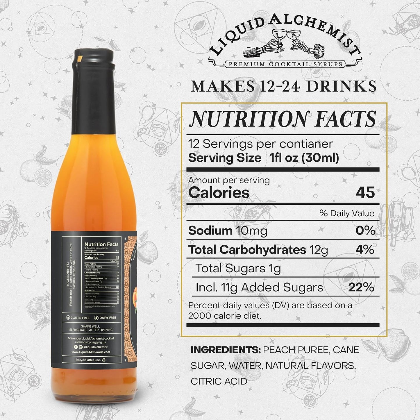 Liquid Alchemist Peach Syrup for Cocktails | Real Ingredients Make our Peach Syrup for Drinks a Perfect Bellini Mix | Small Batch, Non-GMO &amp; Vegan | 12.7 oz Drink Mixer, Pack of 1