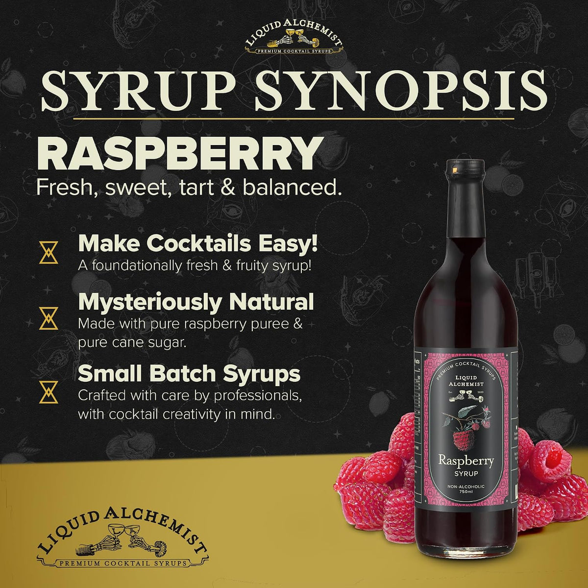 Liquid Alchemist Raspberry Syrup for Cocktails | Real Ingredients Make our Raspberry Syrup for Drinks a great Margarita Mix | Small Batch, Non-GMO &amp; Vegan | 25.4 oz Drink Mixer, Pack of 1