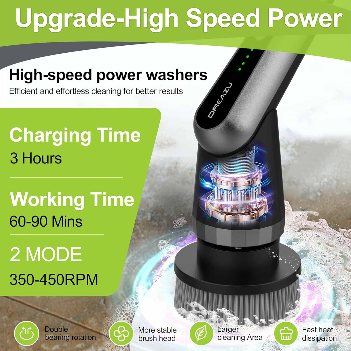 Dreazu Pro Electric Spin Scrubber, 10-in-1 Shower Scrubber &amp; Retractable Long Handle, 44 lbs High-Torque &amp; Variable Speed Shower Cleaning Brush for Bathroom,Toilet, Bathtub, Kitchen, Tile Floors, Car