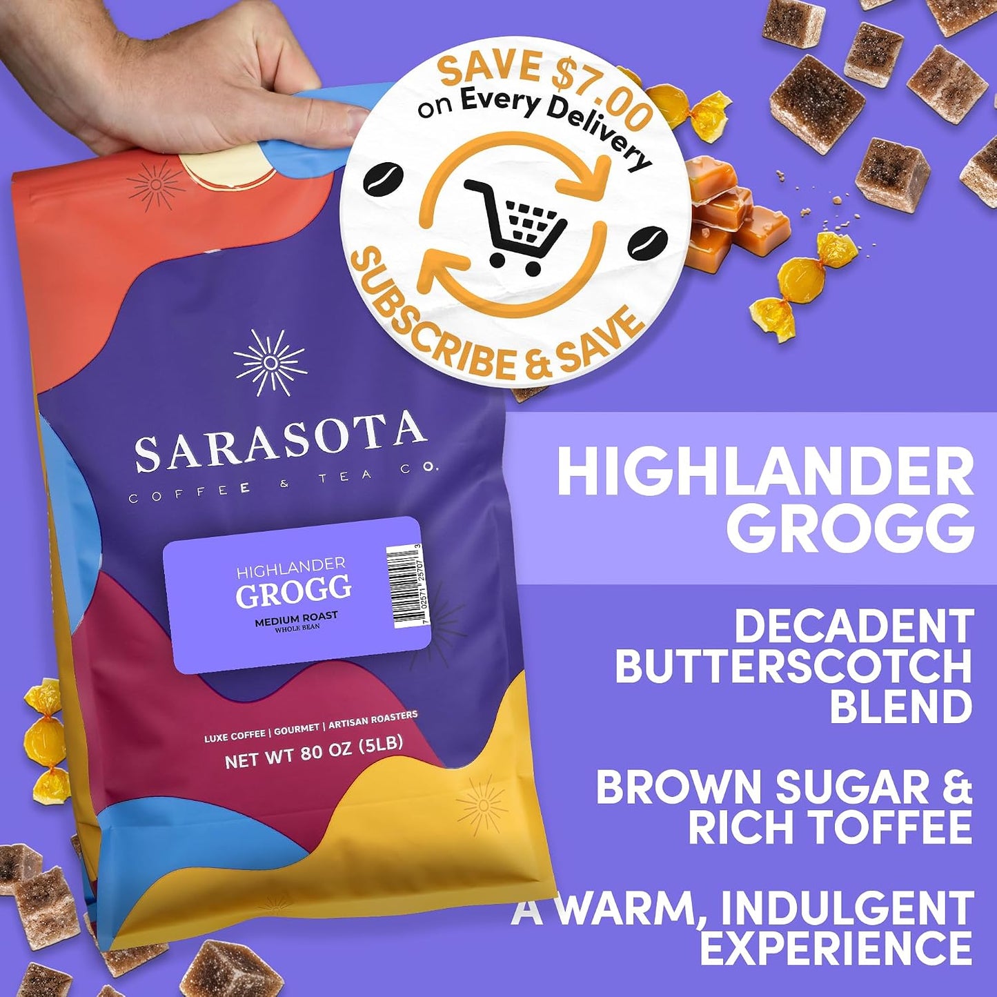 Sarasota Coffee Whole Bean Highlander Grogg | Medium Roast Gourmet Flavored Coffee Beans | Low Acid, Mold Free, Specialty Grade Flavored Bulk Beans | 5lb (80 oz)