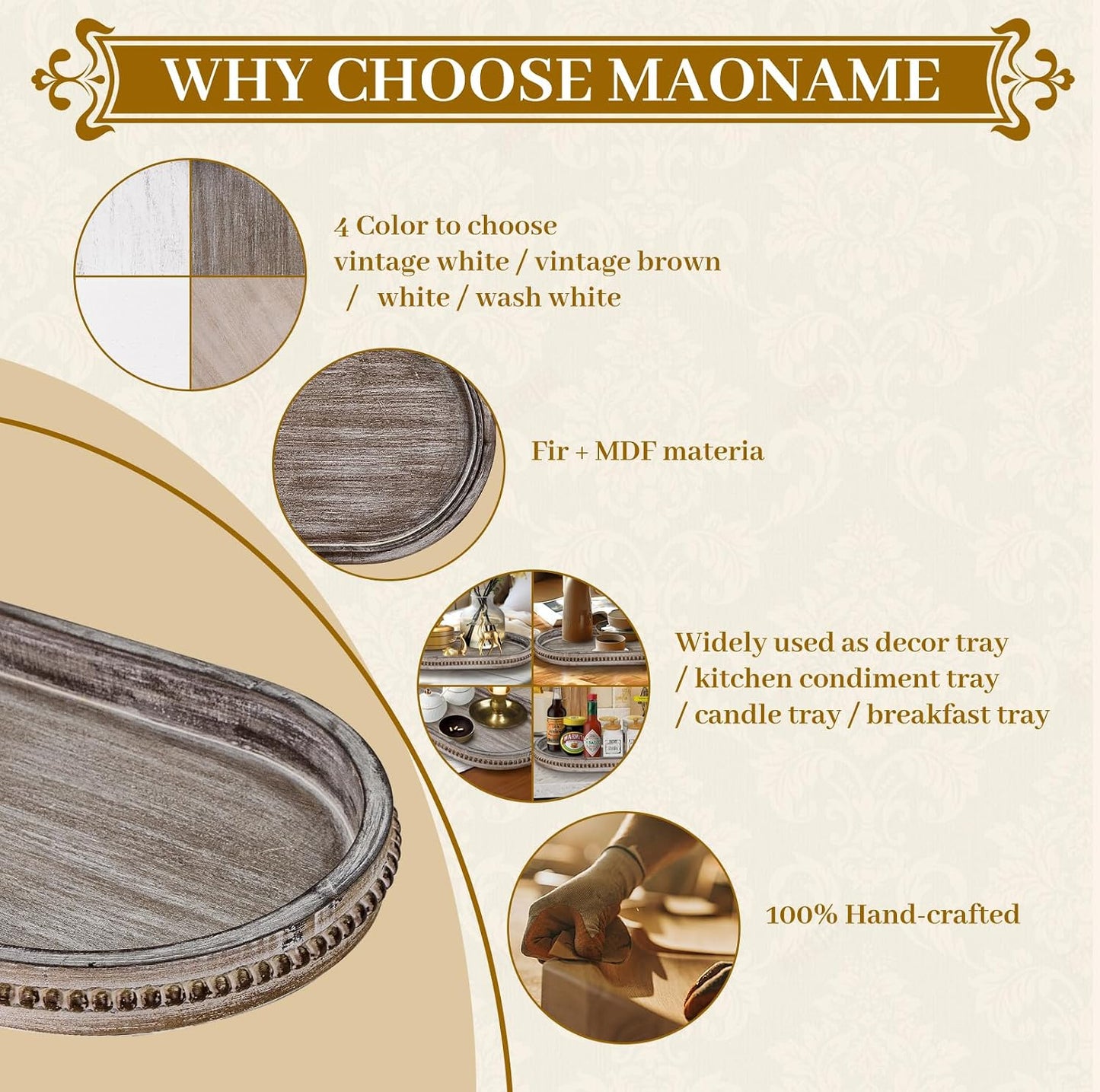 MAONAME Oval Decorative Wooden Tray, Vintage Brown Rustic Wood Serving Tray | Coffee Table Tray Decor, Farmhouse Kitchen Tray, Beaded Decorative Tray for Home Decor, Living Room, Kitchen, 15" X 9" X 1.2"