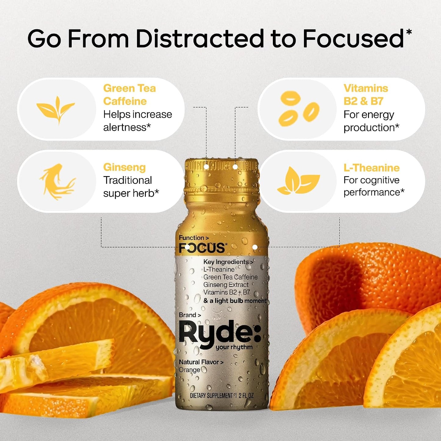 RYDE Variety Shots, Tropical, Orange &amp; Raspberry Flavors, 24 Pack | energy and focus support; calm support; three-flavor assortment; daily wellness supply; vegan zero calorie