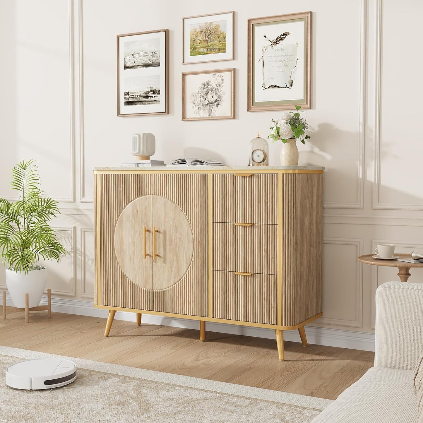 47.3" Modern Buffet Cabinet with Storage, Kitchen Sideboard Buffet with 2 Door &amp; 3 Drawers, Fluted Caffee Bar Storage Cabinet for Dining Room, Living Room, Entryway, Natural Oak