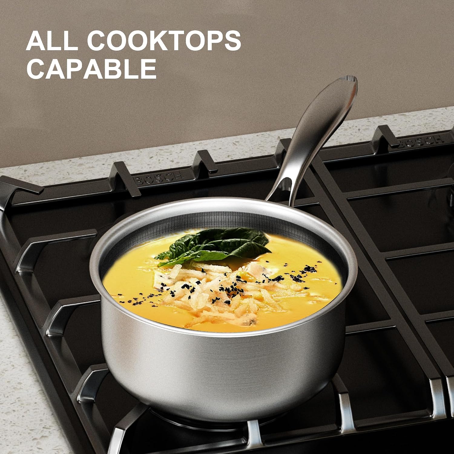 COOKER KING 3 Quart Stainless Steel Saucepan with Lid, Tri-Ply Ceramic Nonstick Pot, Metal Utensil Safe, Dishwasher & Ov