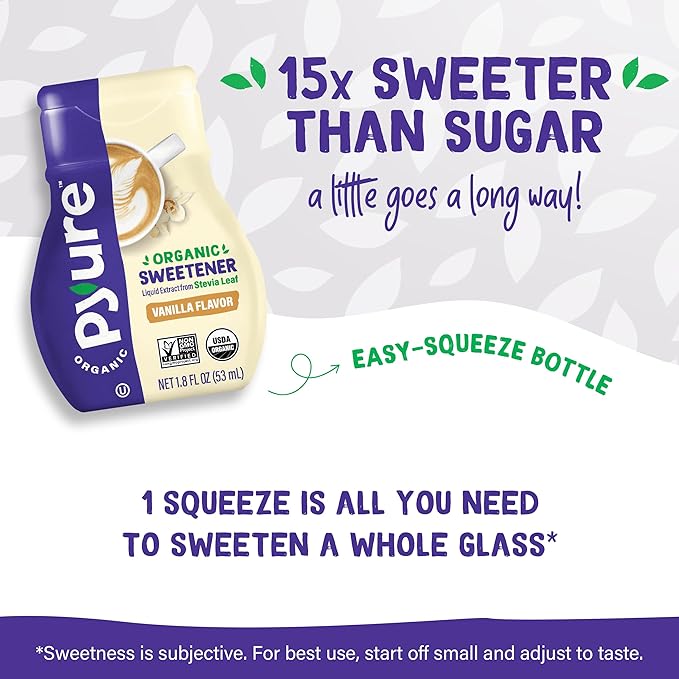 Pyure Organic Vanilla Stevia Liquid Sweetener | Sugar-Free Stevia Drops | Keto Sugar Substitute | Zero Calorie, Zero Carb,