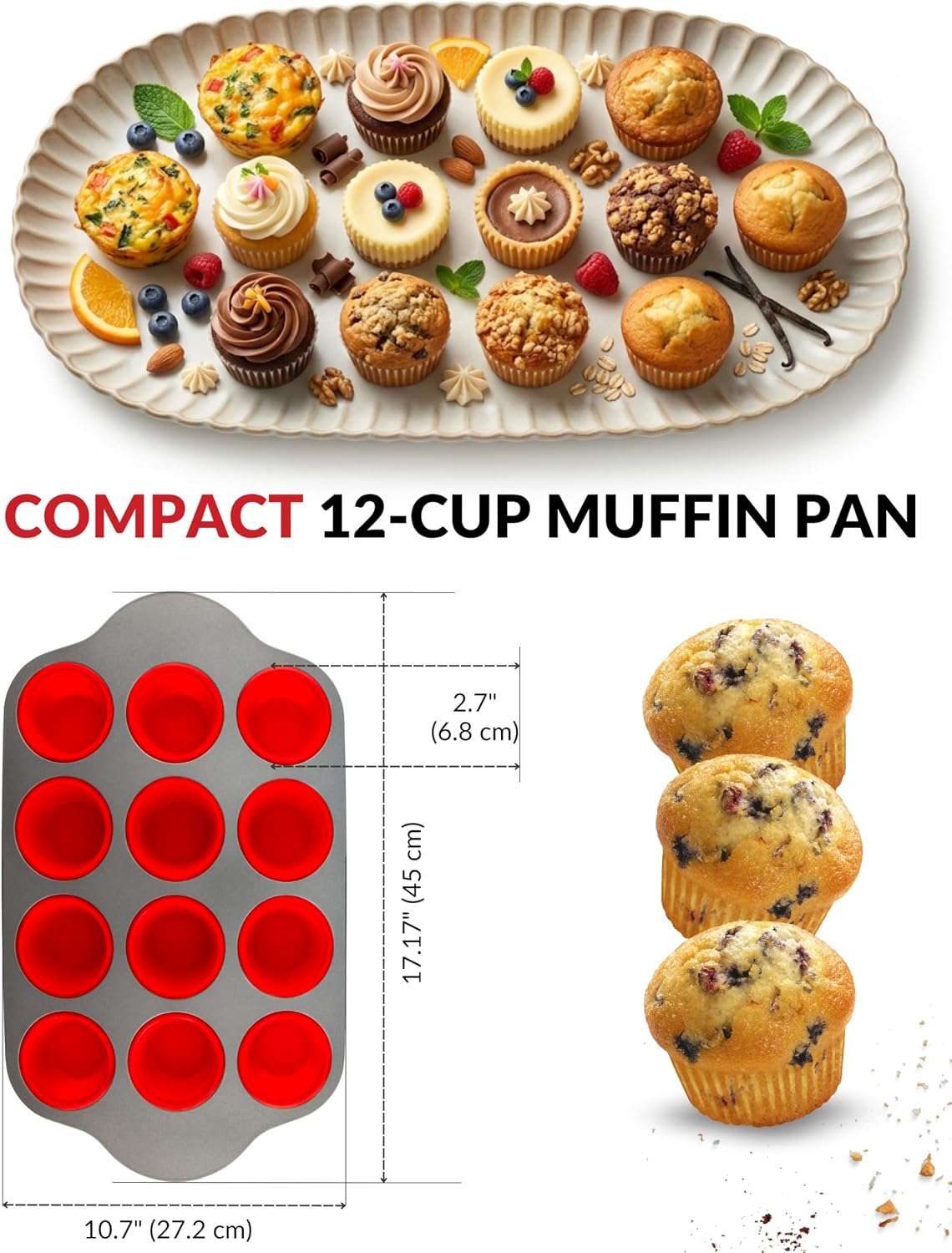 Boxiki Kitchen Non-Stick 12 Cup Silicone Muffin Pan with Steel Frame - BPA Free, Non-Toxic, Anti-Warp, Durable &amp; Easy to Pop Silicone Muffin Tin - Perfect Cupcake Pan