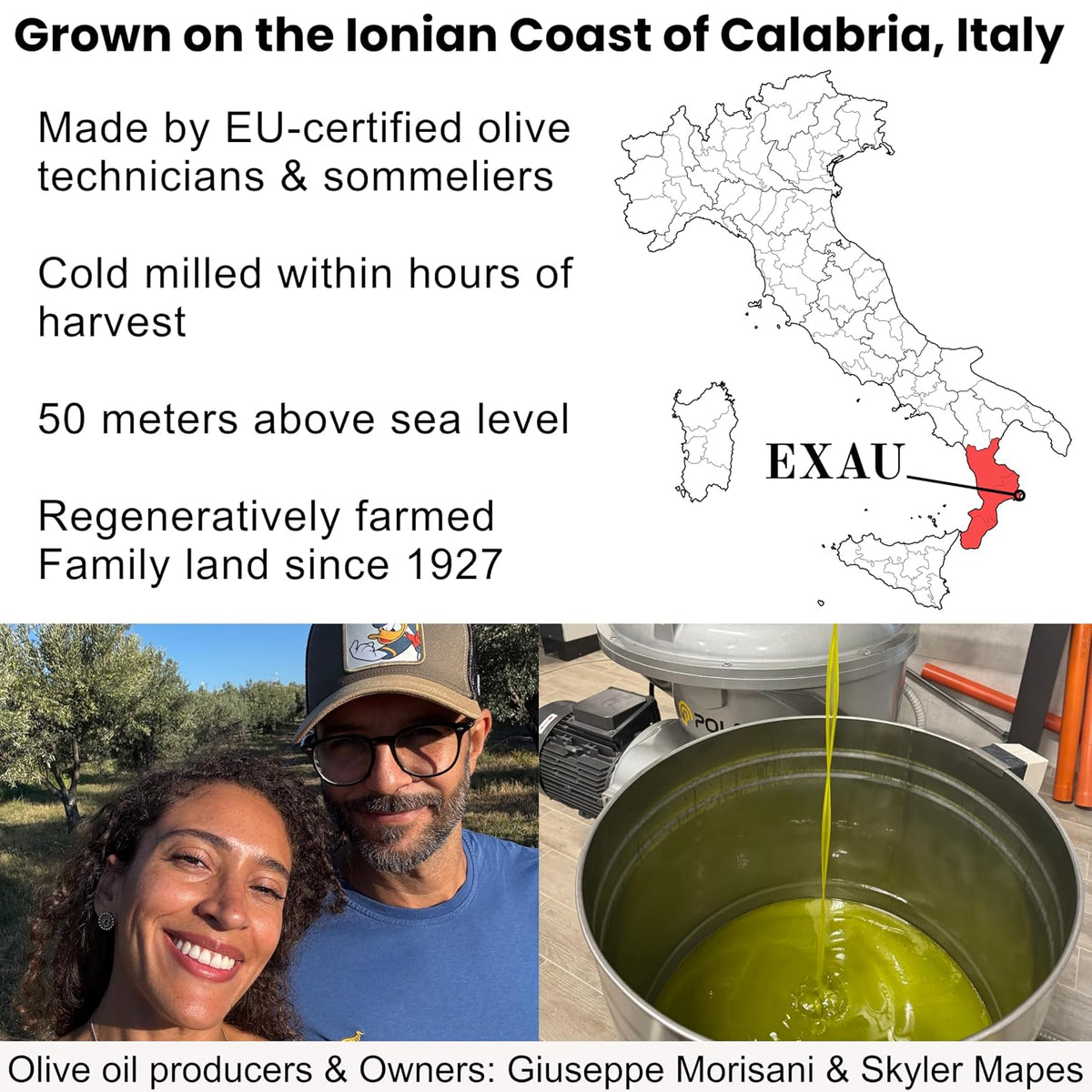 EXAU Due2 Italian Olive Oil Gift Set, Turi &amp; Lina EVOO, High Polyphenol 1540 &amp; 1485 mg/kg, Cold Pressed Early Harvest, Calabria Italy, 2 x 500ml (1L)