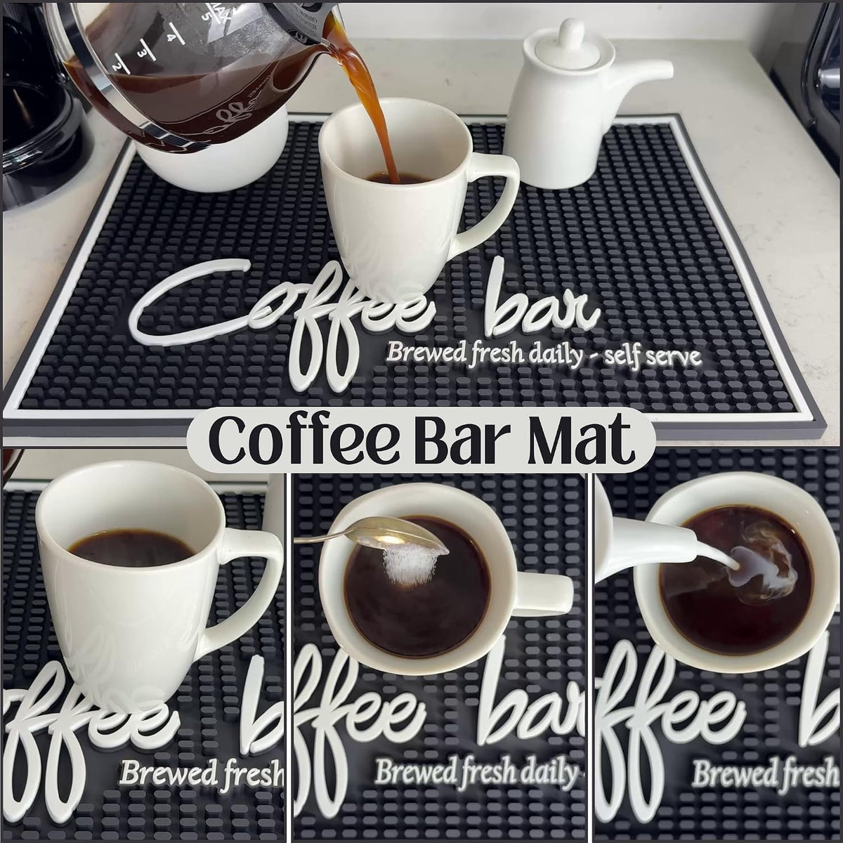 Brewed Fresh Daily Silicone Coffee Bar Mat 18x12 in, Self Serve Coffee Station Sign Mat, Hostess Gift, Farmhouse Kitchen Decor, Non-Slip Espresso Machine Mat, Barista Accessories