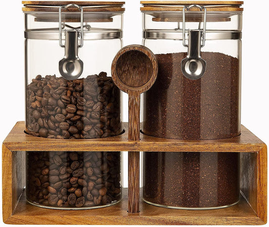 Yangbaga Glass Coffee Container with Wooden Shelf,2×45OZ Coffee and Sugar Container Set,Coffee Canisters with Airtight Lids