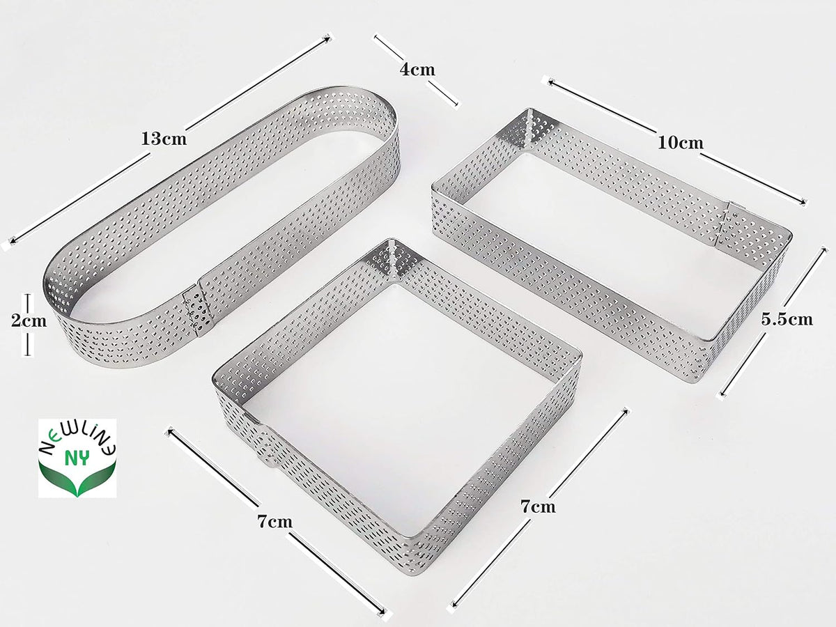 NewlineNY Stainless Steel 6 Pcs Perforated Oval, Rectangular, Square Tart Rings Molding Plating: 2 of each (5" x 1.5") + (4" x 1.5") + (2.8" square) x (0.8" H) Sizes