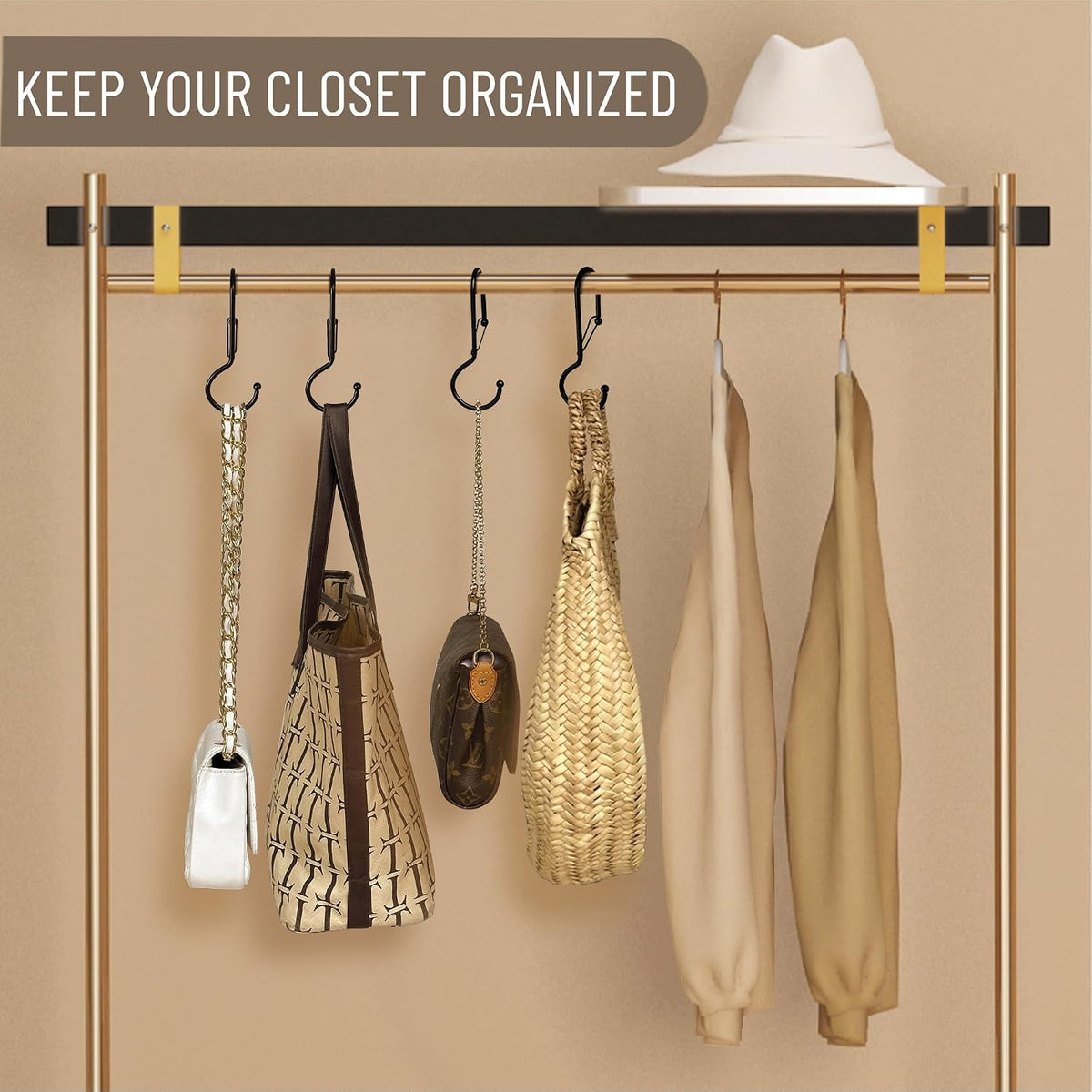 6 Purse Hanger for Closet. Tote Hanger. S-Shaped Hooks S Hooks Twist Design. Anti Drop S-Shaped Hook for Hanging Handbags with Safety Buckle to Prevent Falls. Heavy Duty. (Black, Twisted)