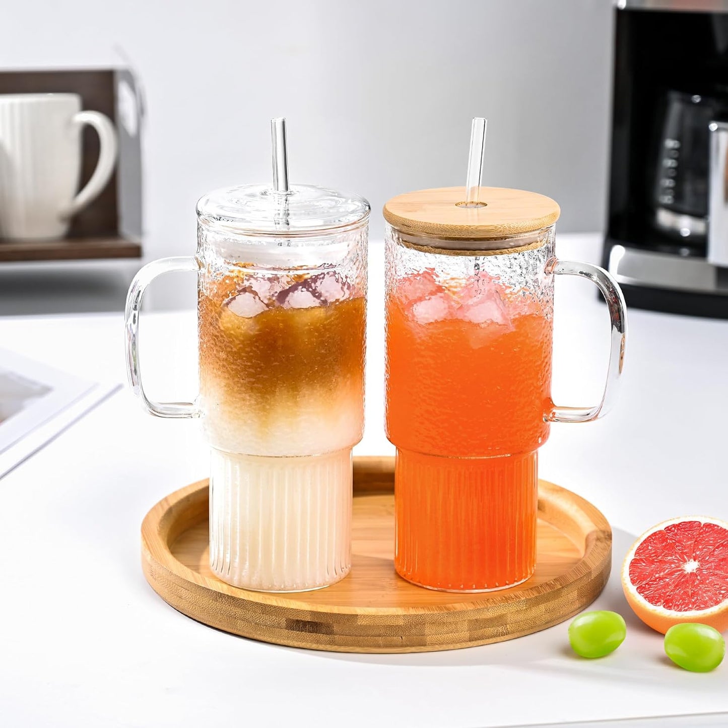 32oz Glass Cups with Bamboo Lid and Straw, Large Glass Tumbler with Handle