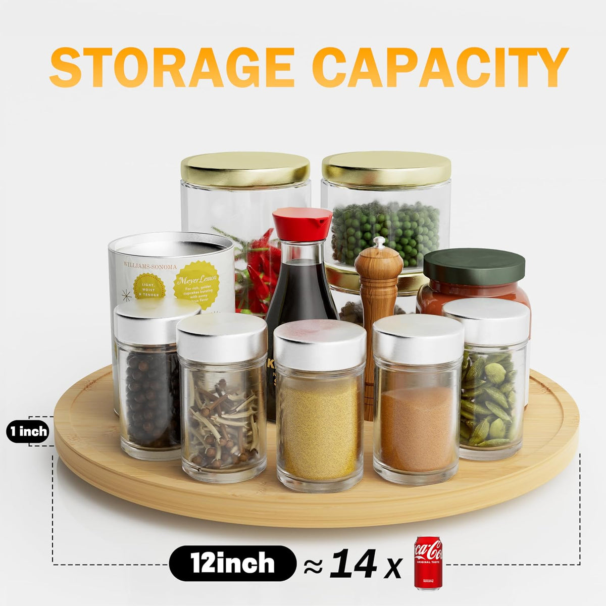 Lazy Susan Organizer Homerays 12 Inch Non-Skid Bamboo Lazy Susan for Kitchen Rotating Spice Rack for Kitchen Cabinet, Wood Turntable for Kitchen Countertop Organizer