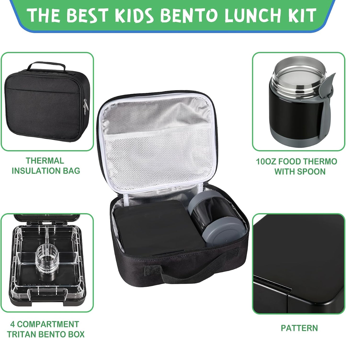 Pawtong Bento Lunch Box Set With 10oz Soup Thermo, Leak-proof Lunch Containers with 4 Compartment, Kids Hot Thermo Food Jar/Insulation Lunch Bag, Food Containers for School (Black)