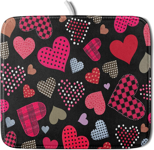 Happy Valentine's Day Black Dish Drying Mat for Kitchen Counter,Pink Love Heart Drying Mat 16 x 18 Inch with High Absorbent