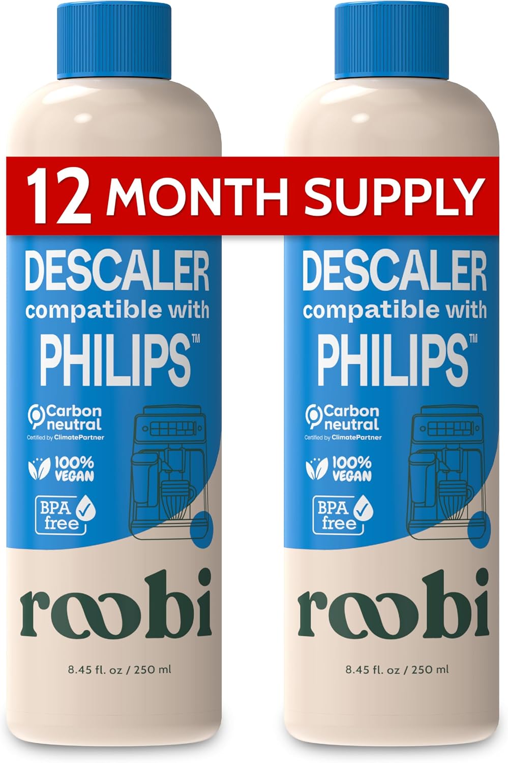 Roobi Philips Compatible Descaling Solution &amp; Cleaner, 2 Pack | Specially Formulated for Philips Espresso Machines &amp; Saeco, Carbon Neutral Descaler Kit, 2 Uses per Bottle