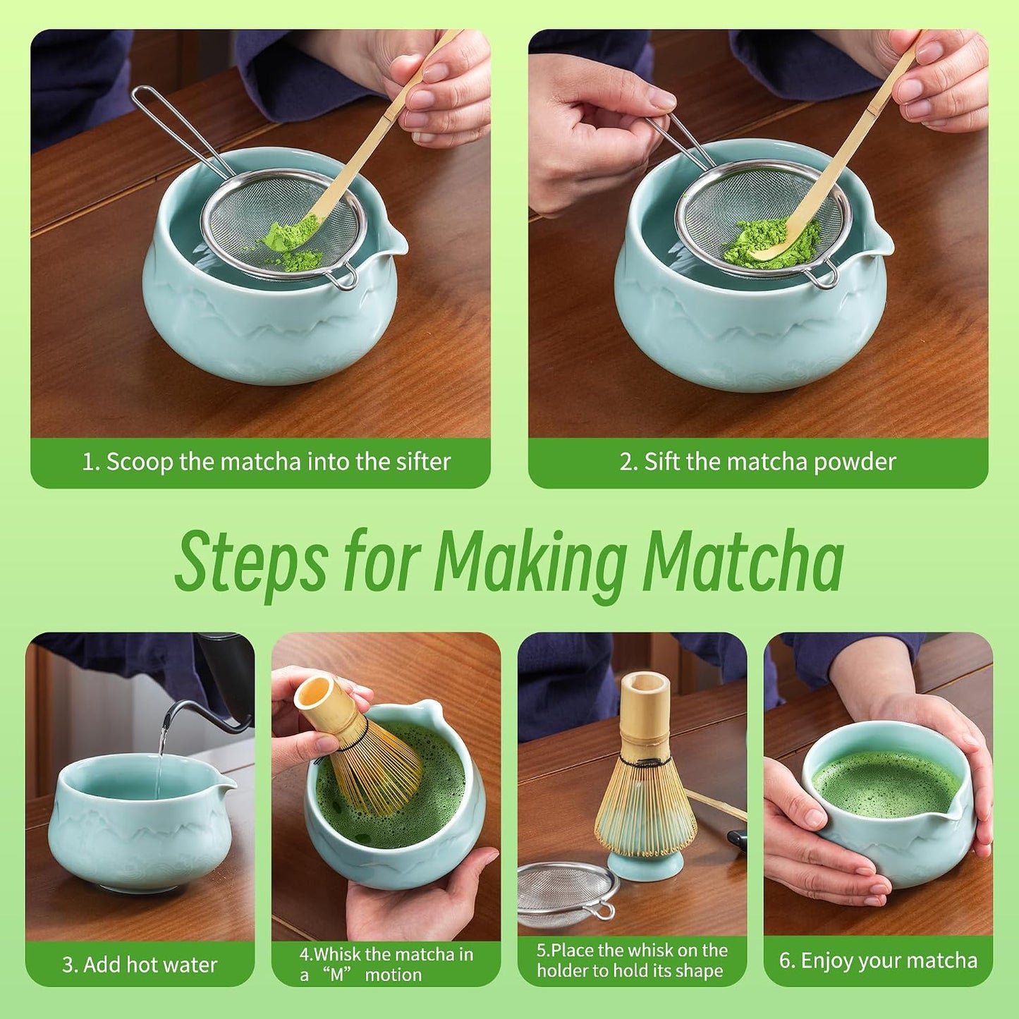 TEANAGOO 7 Pcs Matcha Whisk Set Blue, Ceramic Matcha Set, Matcha Kit for Ceremony, Matcha Tea Set for Making Breakfast/Latte, Tradition Whisk Set and Bowl with Scoop&amp;Sifter, Gift for Friend/Family