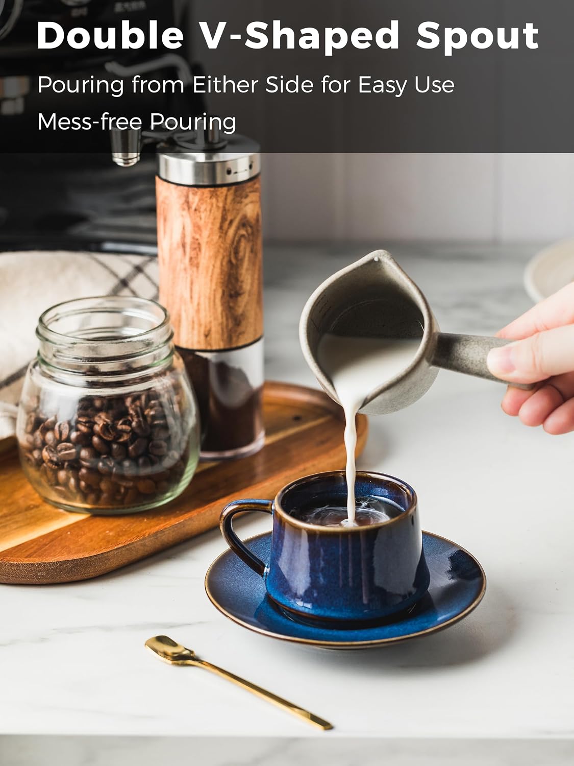 Espresso Cup 3 OZ, Ceramic Espresso Measuring Cup, Double Spouts | Espresso Shot Cup with Handle, Espresso Accessories, Dual Measurement Scale, Cute Espresso Pour Cup, Gray