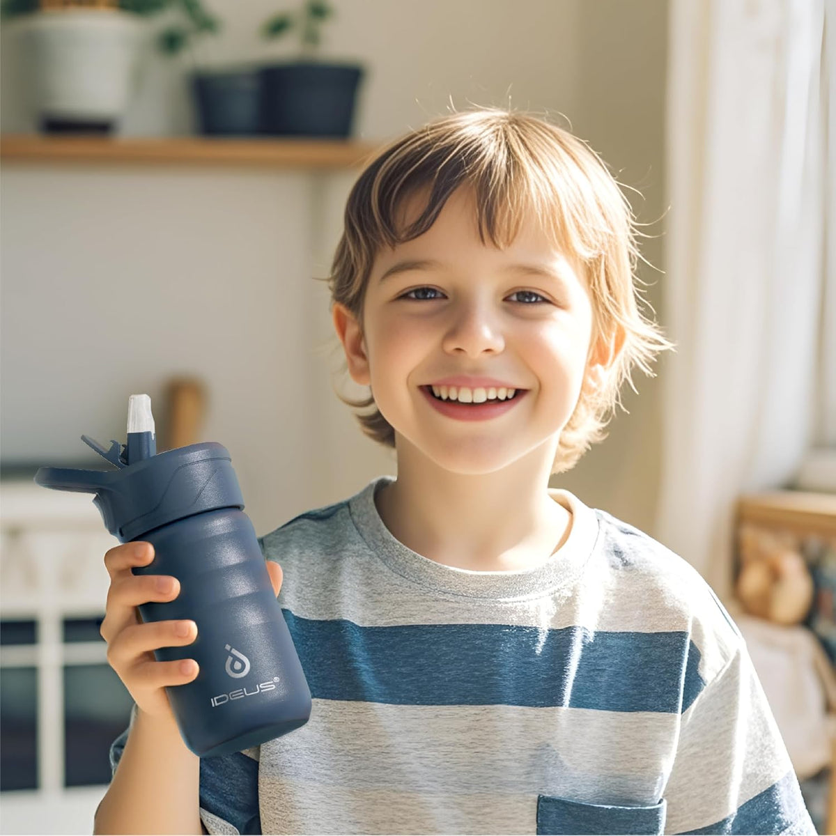 IDEUS Insulated Water Bottle 12oz, Stainless Steel | Vacuum Double Wall, With Straws Leakproof, For Boys And Girls, With 2 Lids, BPA Free