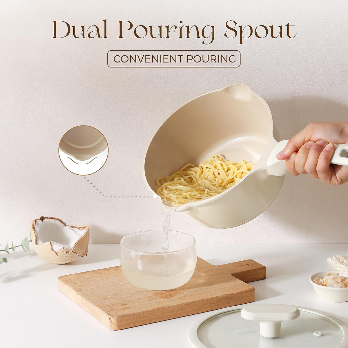 PRICUSIS Ceramic Nonstick Saucepan with Lid, 2.7 Quart Non Toxic Pot with Pour Spouts, Full Coated, 100% Dishwasher Safe, Induction Compatible & Oven Safe, PTFE PFAS & PFOA Free, Coconut White