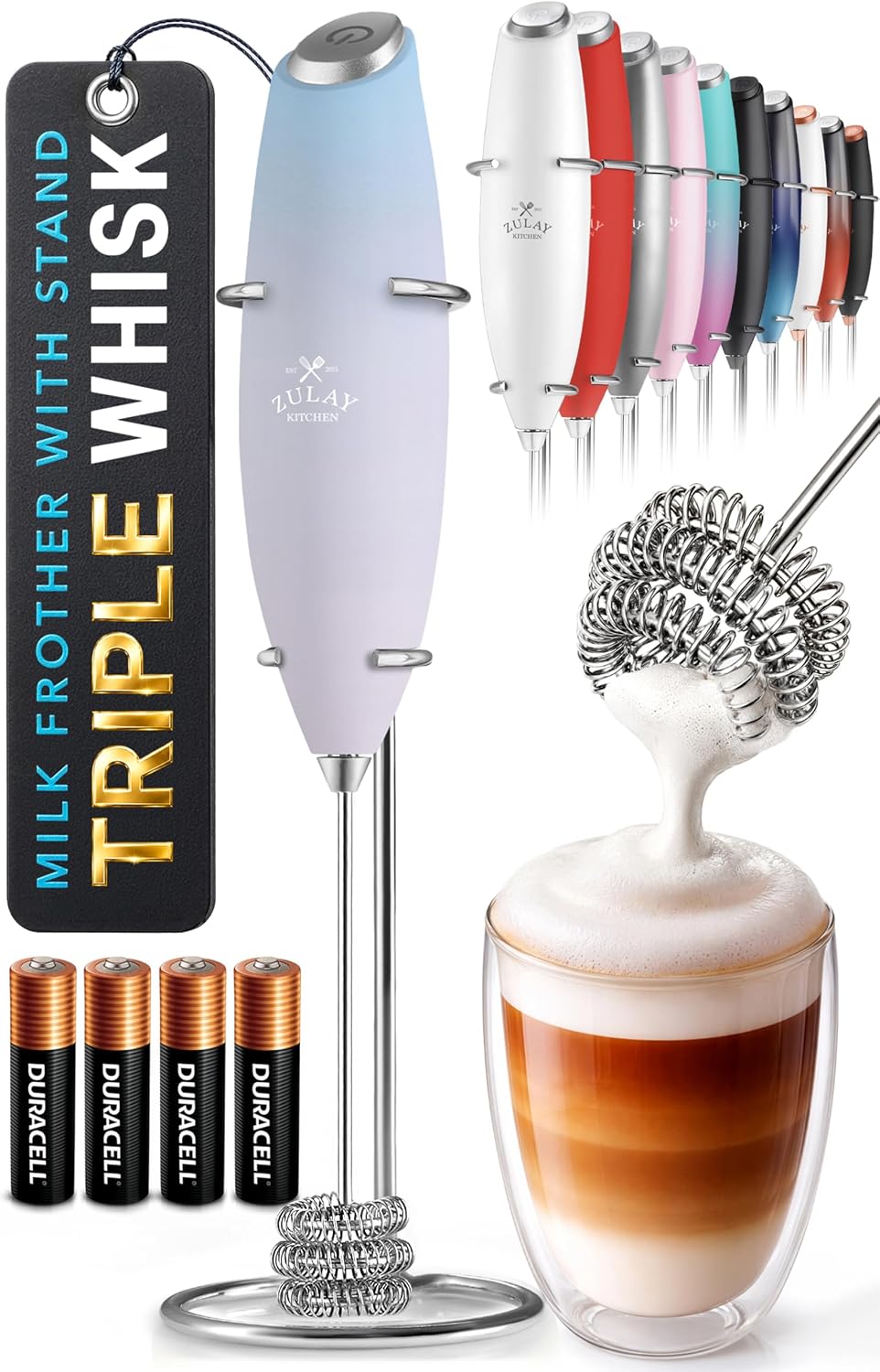 Zulay Kitchen Powerful Milk Frother Wand With Duracell Batteries - Ultra Fast Handheld Drink Mixer - Electric Whisk Foam Maker for Coffee, Lattes, Cappuccino &amp; Matcha - Triple Whisk - Pale Cloud