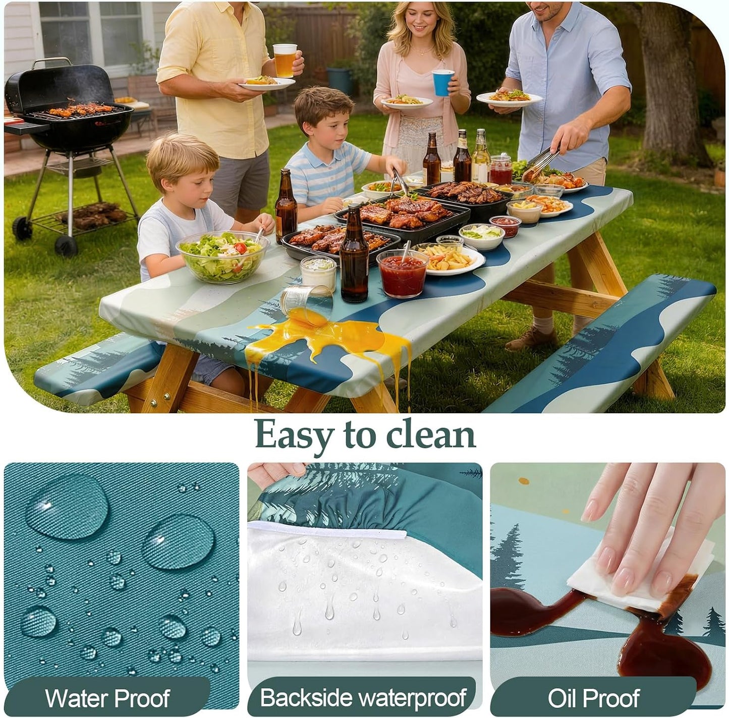 Picnic Table Cover with Bench Covers Camping Essentials Waterproof Windproof Camping Tablecloth with Drawstring Bag, Fit
