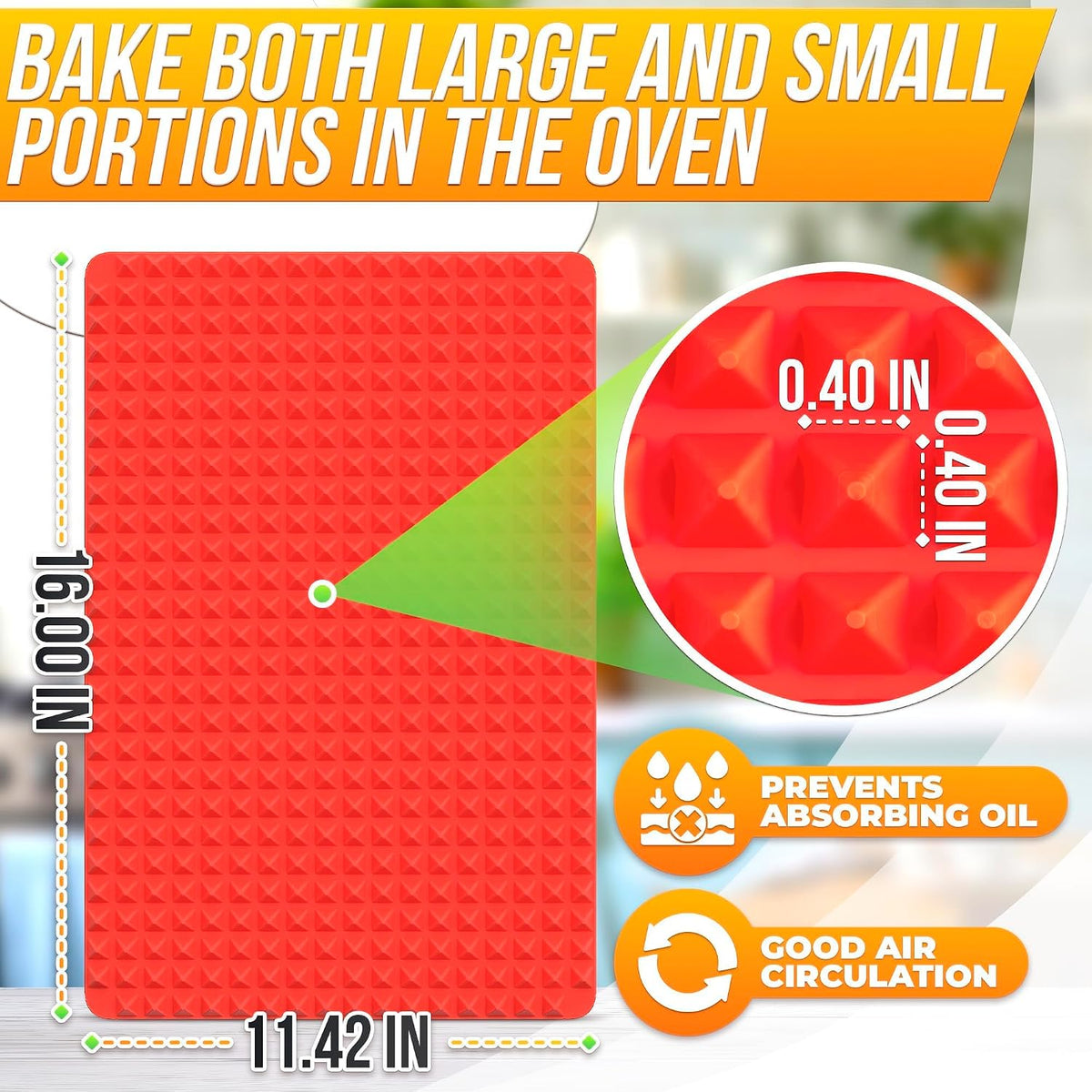 Red Silicone Baking Mat, 16 x 11.42 In, Non-Stick, Pyramid Design | Easy-to-Clean Silicone Pyramid Baking Mat; Suitable for Oven &amp; Microwave; Fat Filtering Surface; for Roasting, BBQ, and Bacon