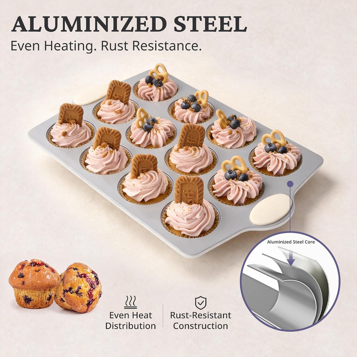 BRONYPRO Ceramic-Coated Nonstick 12-Cup Muffin Pan with 120 Liners