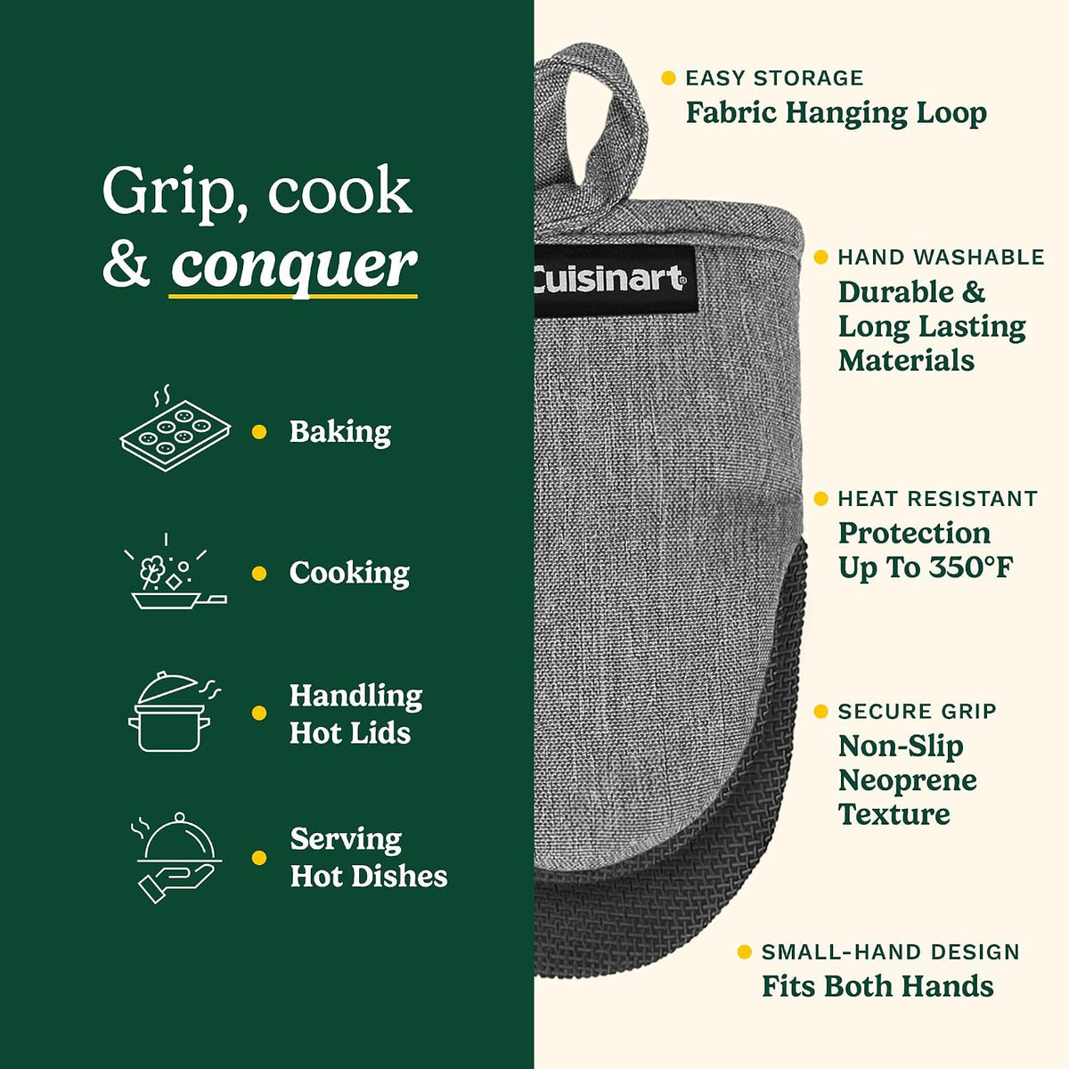 Cuisinart Mini Oven Mitts, 2-Pack, Neoprene Grip, Heat Resistant 350F