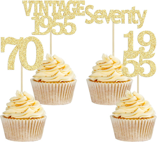 Gyufise 24Pcs 70th Birthday Cupcake Toppers Glitter Cheers to 70 Fabulous Seventy Vintage 1955 Cupcake Picks 70th Birthday