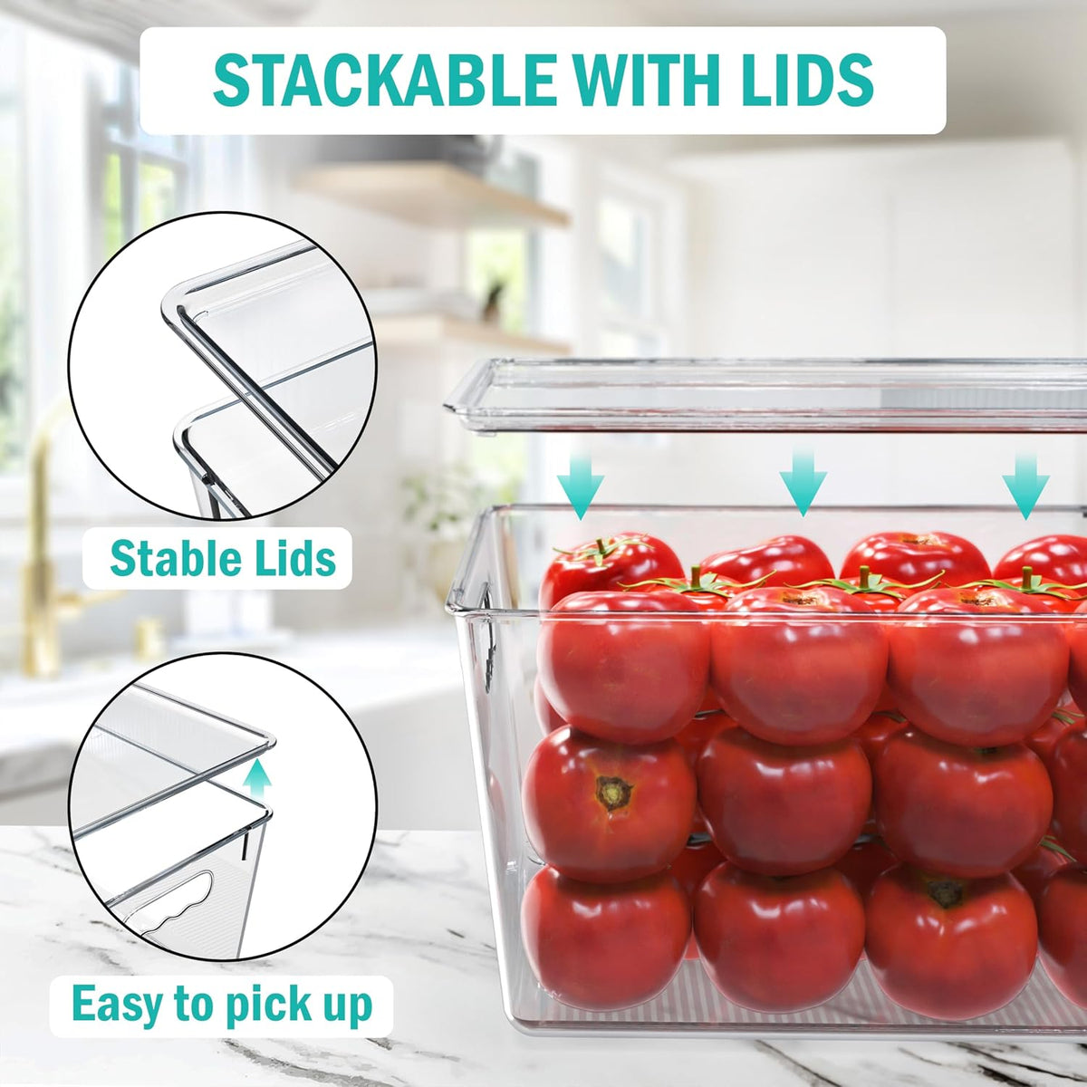 YAN &amp; HIN 4 Pack Clear Storage Bins with Lids, Stackable Plastic Organizer Bins with Handles, Pantry Organizers and Storage for Kitchen Cabinet, Fridge, Bathroom, Closet and Shelf Organization