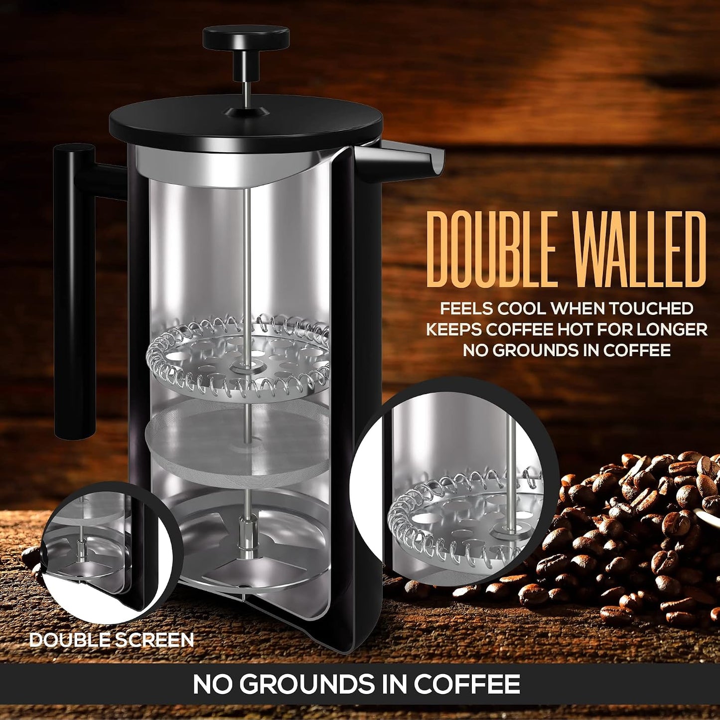 Utopia Kitchen 304 Grade Stainless Steel French Press 17 Oz, Black | Double Wall Insulated Coffee Press with 4-Level Filtration System, Include 2 Extra Filters, Rust-Free, Dishwasher Safe