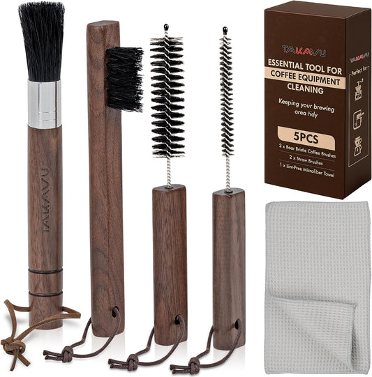 TAKAVU Coffee Grinder Cleaning Kit, 4pcs Boar Bristle Detail Brushes | Includes Grinder Brush, Detail Scrubber, Steam Wand Tools &amp; Microfiber Towel for Coffee Maker, Pour Over