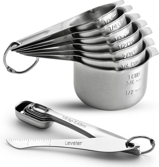 Spring Chef Stainless Steel Measuring Cups and Spoons Set of 14 with Leveler, Nesting Kitchen Metal Measuring Cups and