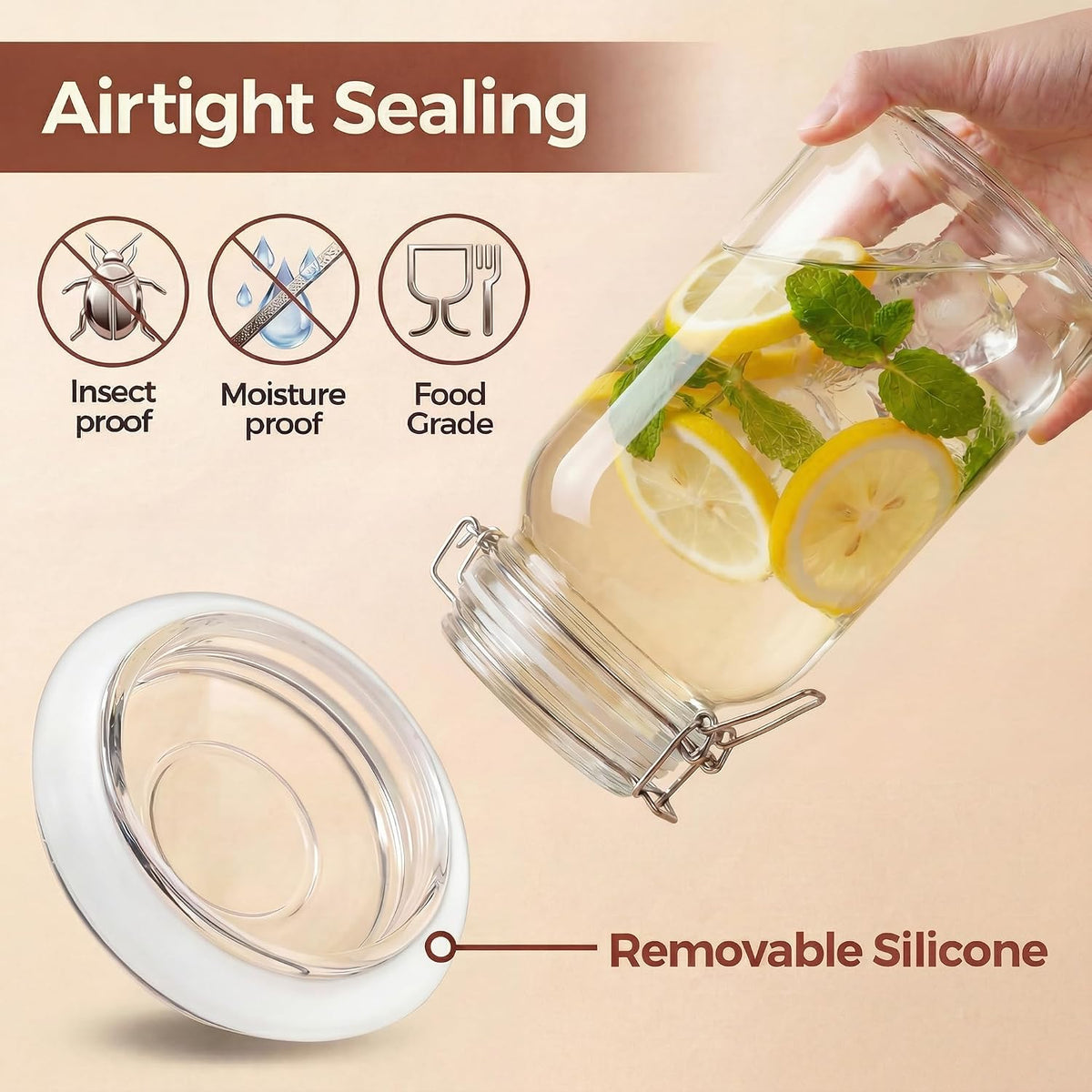 50oz Large Square Glass Jars with Airtight Lids, Wide Mouth Mason Jars 3P
