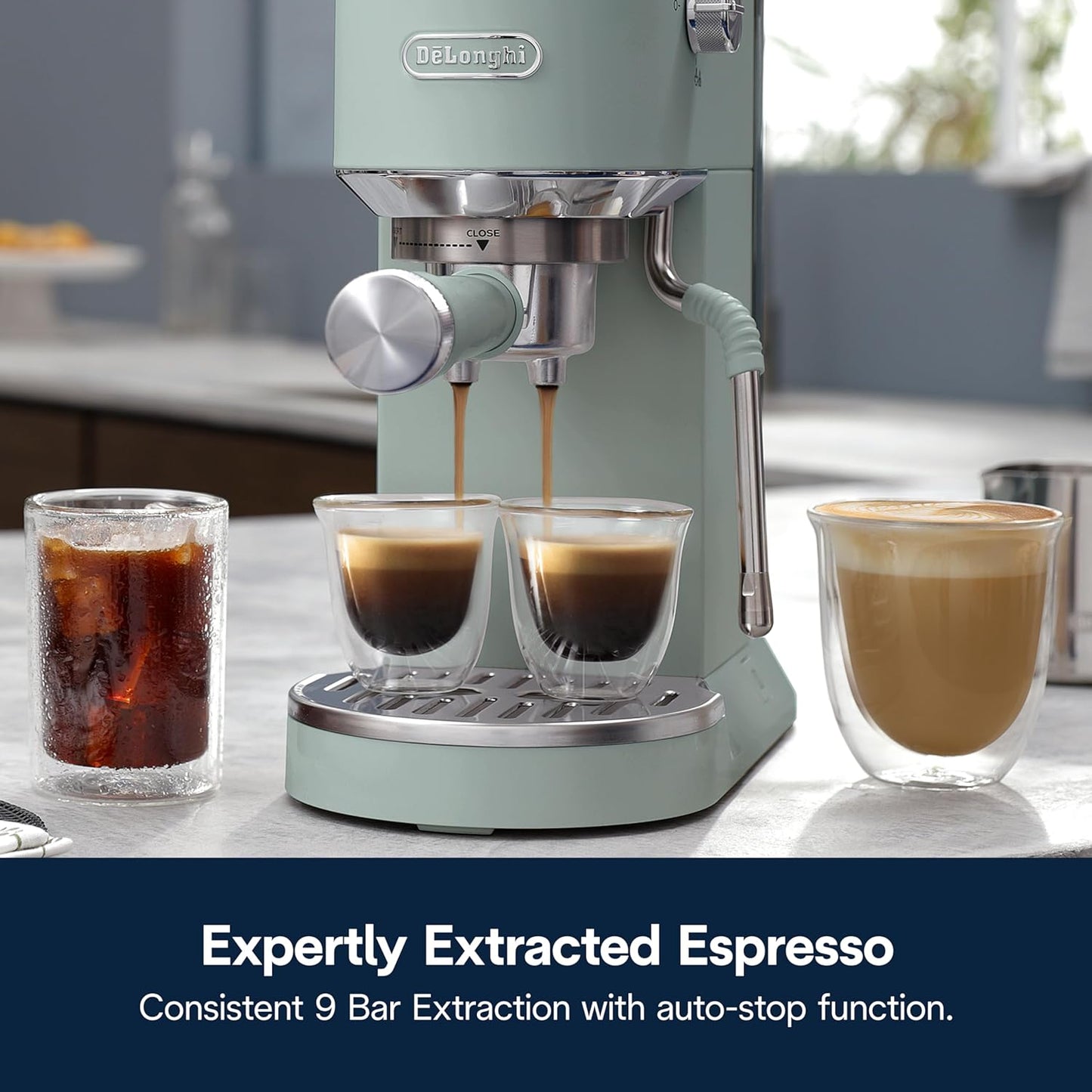 De'Longhi Dedica Duo Compact Espresso Machine - Cold Brew Coffee Maker with Milk Frother Wand- for Espresso, Hot & Iced Coffee, Cappuccinos, Lattes & Home Barista Brewing, Pistachio Green