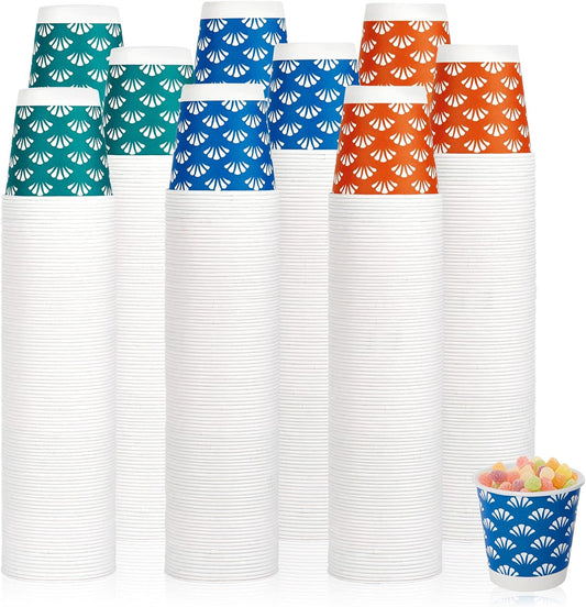JollyPack 1200 Pack 3 oz Disposable Bathroom Paper Cups, Small Mouthwash Cups in Orange, Blue, and Green, Great for Candy,