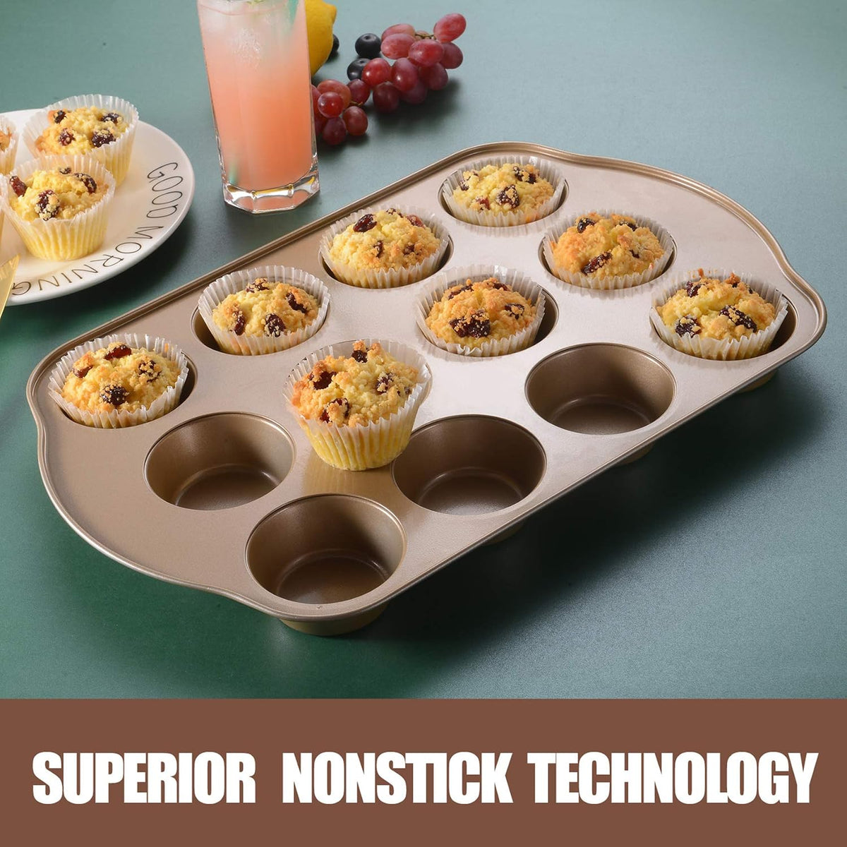 2 Pack Nonstick Muffin Pan Set, 12-Cup Heavy Duty Cupcake Baking Pan with Handles - PFOA-Free Muffin Tin, Rust Proof &amp; Warp Resistant, Oven Safe 430°F (Gold)