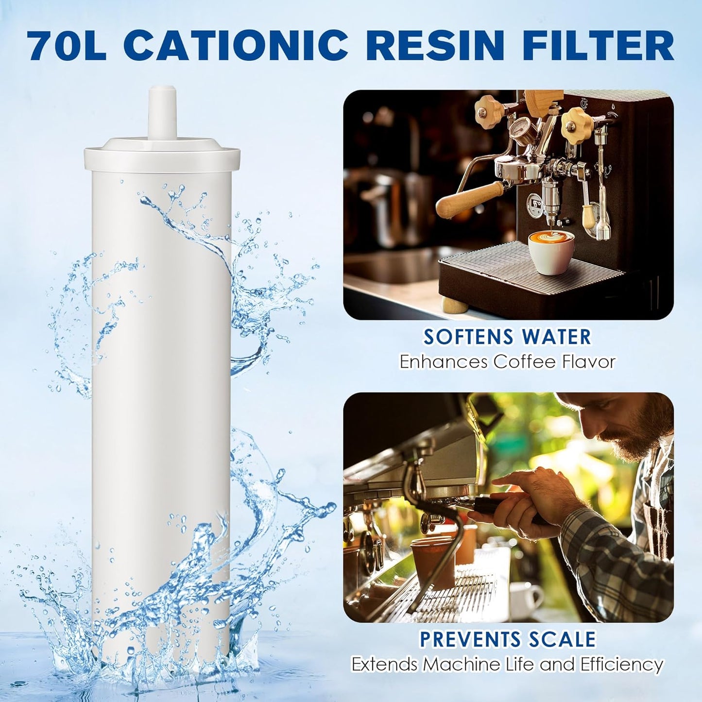 Qualirey Cationic Resin Filter, Compatible with LELIT PLA930M Espresso Machines, 70L Water Softener for Tank, PDCCL05MLT0ZXX1, Removes Calcium & Magnesium, Releases Sodium, Prevents Limescale, White