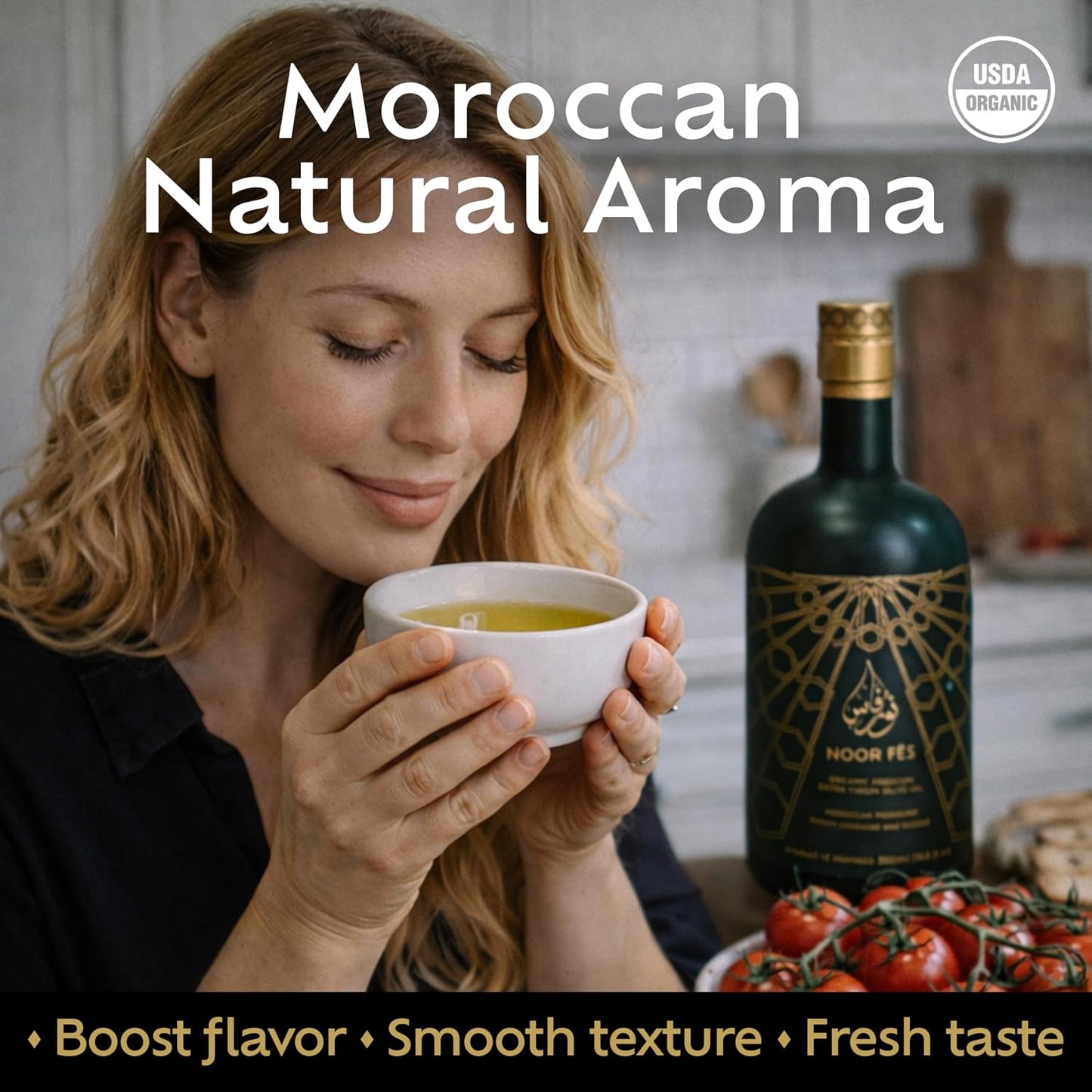 NOOR FÈS 20+ Awards EVOO | Polyphenol Rich 584 mg/kg | USDA Organic Extra Virgin Olive Oil | Moroccan Picholine | Cold Extracted Olive Oil | Great Gift for Chefs | 17 Oz.
